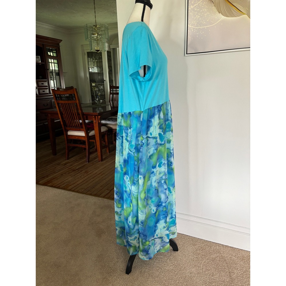 LOGO by Lori Goldstein Turquoise Watercolor Mixed Media Maxi Dress Sz M - Picture 4 of 9